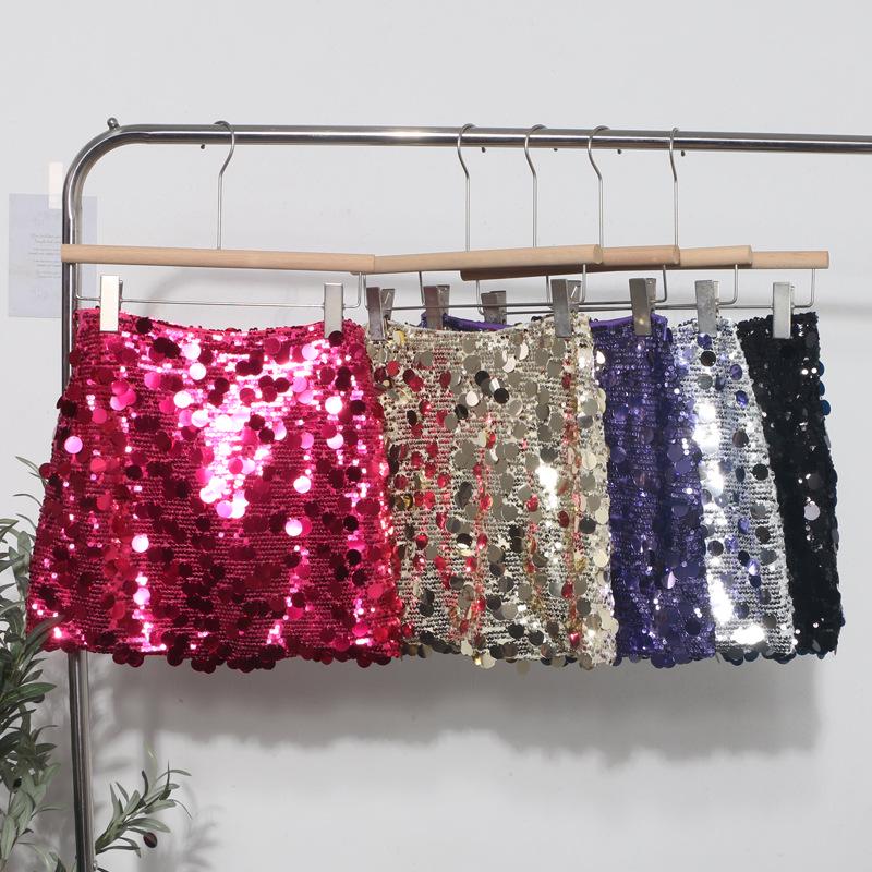 Minigonna A-line scintillante con strass, vita alta, stile industria pesante europea e americana - Stile Nightclub