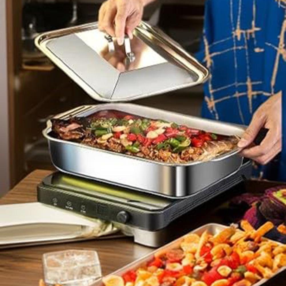 Kommersiell 18x11 tums lasagneform i rostfritt stål med 3 tums djup, lock och kalla handtag för ugn till bord