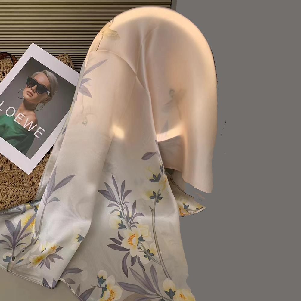 New Blue Women'S 100% Mulberry Silk Scarf Shawl 175*52Cm Fashion Floral Design Long Scarves Wraps Fall Winter Headscarves