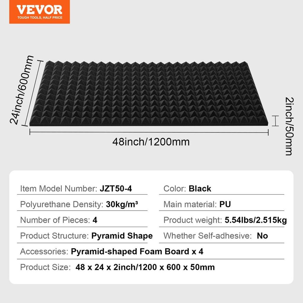 Acoustic Foam Panels 4 Pack 48 x 24 x 2 in for Studio Wall and Ceiling