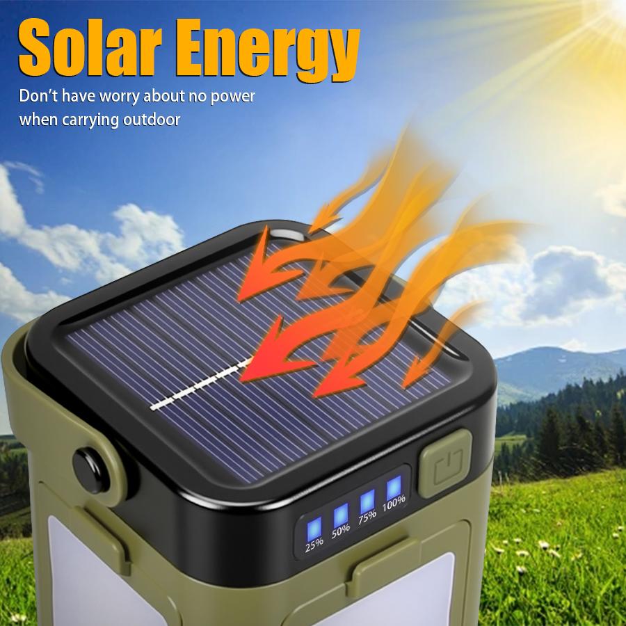 Solar rechargeable LED camping light, barbecue light, 4-leaf folding tent light, atmosphere light, outdoor emergency lighting flashlight
