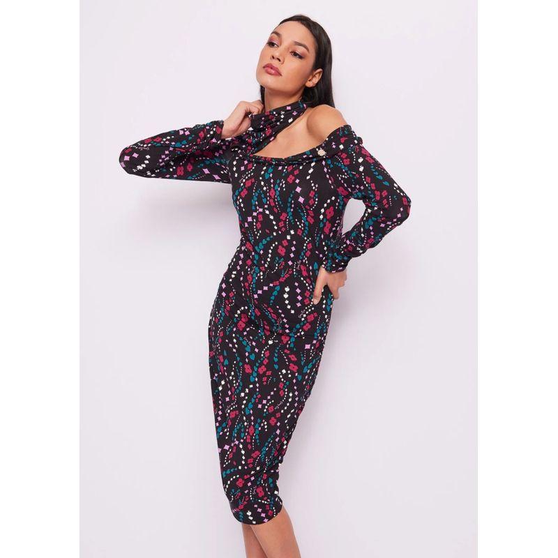 

Italy Accessible Luxury Denny Rose Beautiful off-Shoulder Halter Asymmetrical Cut Knitting Stretch Dress Black background Print color(No refund) 40(XS)