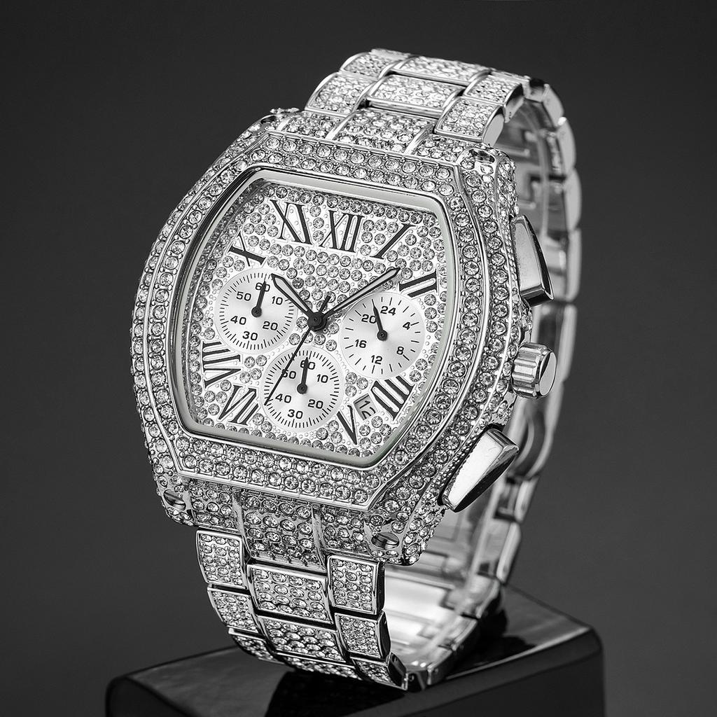Gold Watch For Men Hip Hop Bling Bling Tonneau Quartz Watches For Large Man Waterproof Millerable Hand Clock Gift