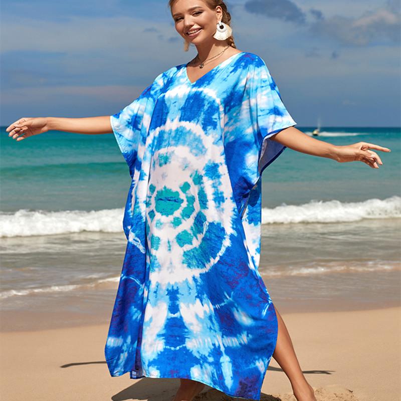 2022 Multicolored Kaftan Bohemian Printed V-neck Batwing Sleeve Street Wear Maxi Dress Women Beach Wear Swim Suit Cover Up Q1342