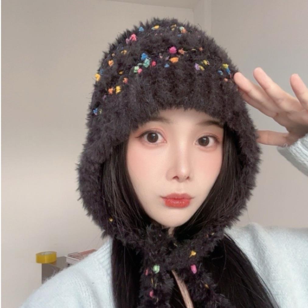 Tangy Bean Tassel Lace Up Plush Knitted Hat for Women In Autumn and Winter Japanese Sweet Cold Protection Ear Protection Hat