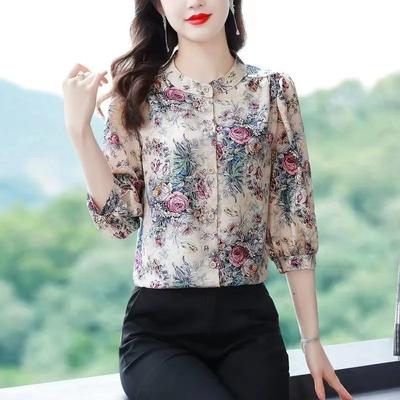 Damen Frühling Lose Blumen Chiffon Hemd Knopf Temperament Top