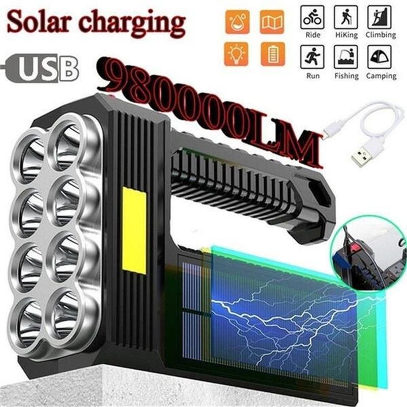 Outdoor Solar Strong Light LED Flashlight Portable Searchlight USB Rechargeable Waterproof Drop Resistant LED Camping Emergency