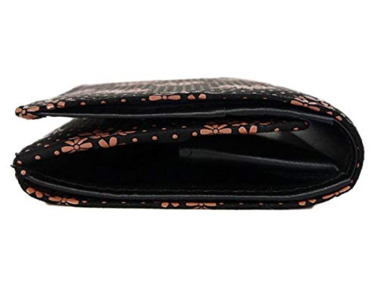 Indenya Inden Bifold Wallet with H-shaped Bill Compartment and Box-Shaped Coin Purse, Deerskin Leather, Black with Pink Lacquer, Cosmos Pattern,