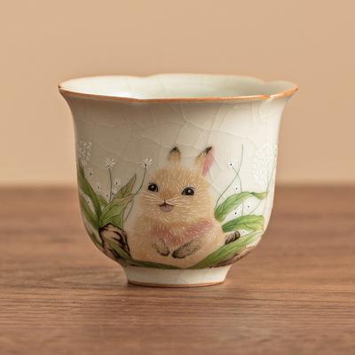 Cute Rabbit Ruyao Teacup Handmade Ceramic Flower Petal Design Gongfu Tea Cup Tea Lover Gift