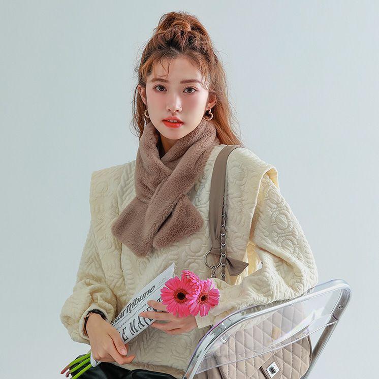

Women Winter Warm Thicken Cross Collar Scarf Solid Color Faux Rabbit Fur Cold Proof Scarves Fashion Soft Furry Neck Warmer 82x12CM