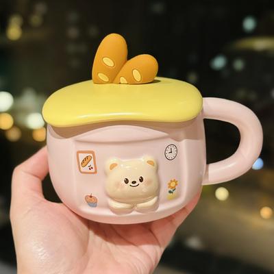 Cute Ceramic Mug with Lid Creative Household Milk Oatmeal Cup Cheese Bread Cute Bear Cartoon Cup Souvenir