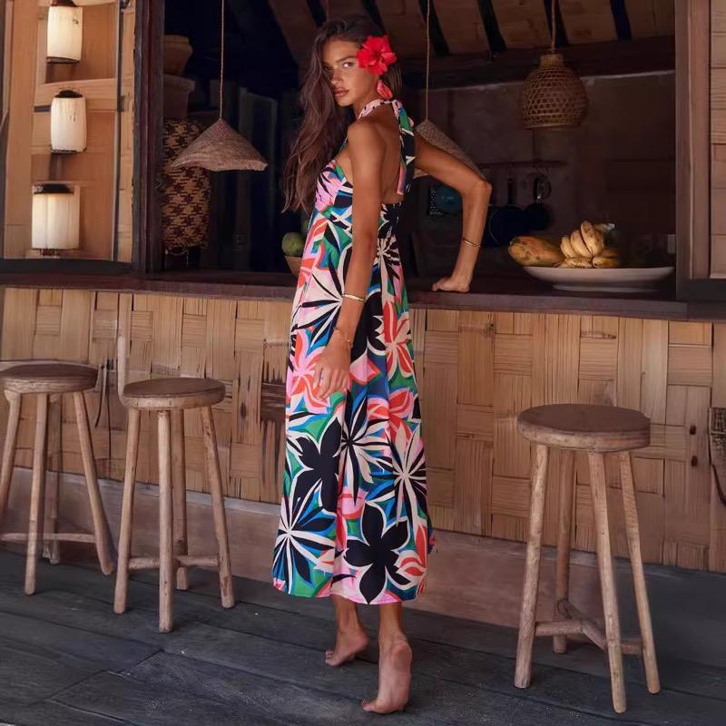 Summer Dress with Neck Hanging and Sleeveless Long Skirt for Women