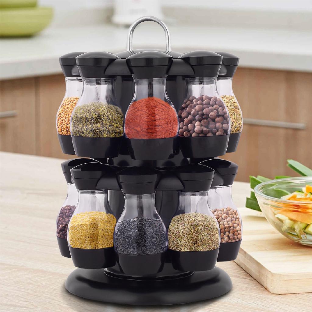 16Pcs 360 Rotating Condiment Set Spice Jar Rack Kitchen Cruet Condiment Bottle Coffee Sugar Seal Jar Container Castor