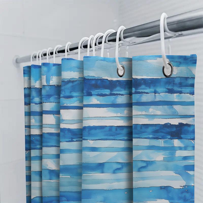 Blue Watercolor Striped Shower Curtain Waterproof Bathroom Decor For Home Hotel Modern Blue Stripe Bath Mat Set With Hooks (36X7