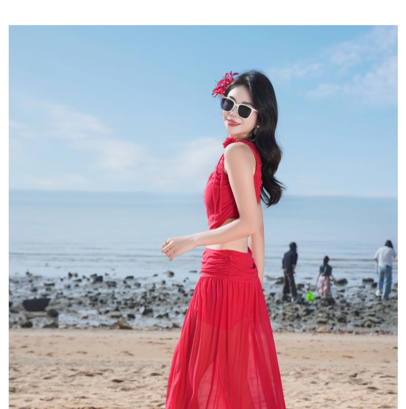 Luxury Red Off-Shoulder Thai Bikini with Long Skirt - Women's Sexy Resort Swimwear