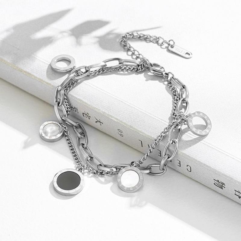 Hollow Roman Numeral Titanium Steel Bracelet for Women, Double-Sided Shell Double-Layer Chain Jewelry18k Rose gold has a trendy vibe