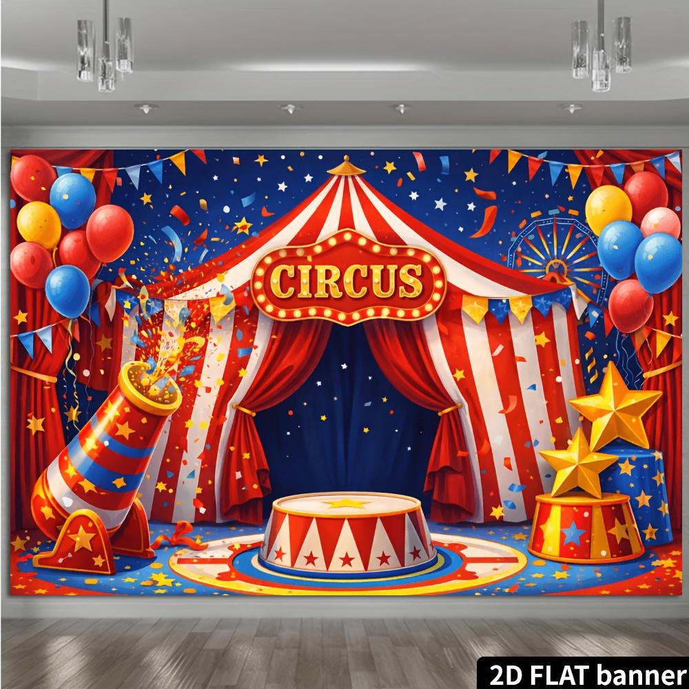 2D planar circus carnival party banner background. Circus theme, featuring red and white striped tents and colorful balloons.