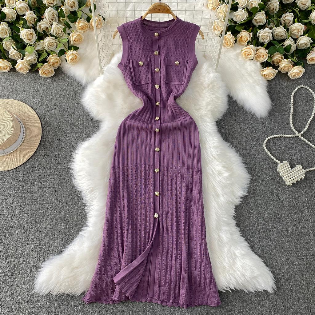 Summer Women O-neck Sleeveless Single Breasted Knitted Mid-calf Slim Tank Sweater Dresses