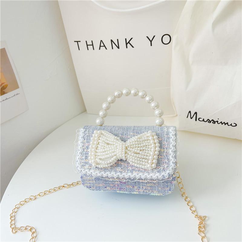 Adorable Children s Mini Crossbody Bag With Stylish Pearl Design And Chain Strap Style Two Blue