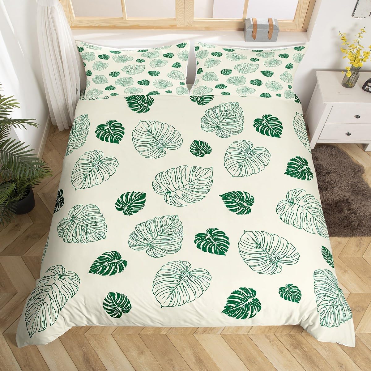 Jessica Chen Unisex Green Palm Leaf Bedding Set Hawaiian Tropical Leaves Duvet Cover Microfiber Monstera Banana Leaves Quilt Cover For Teen Adults