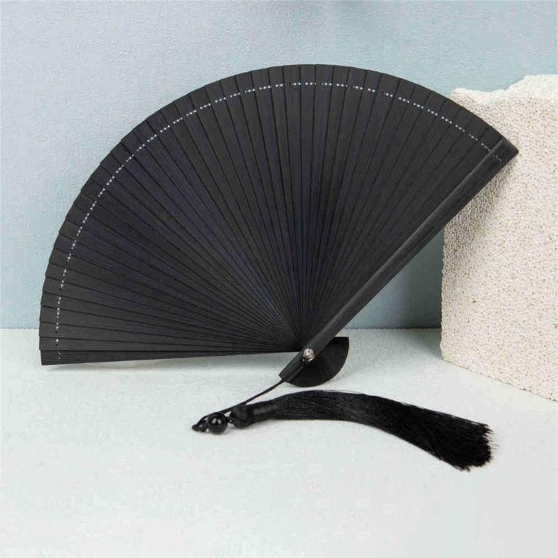 Artisanal Bamboos Folding Hand Fan Minimalists Handmade Craft Cooling Fan with Tassels Festivals Teas Ceremonies Decors