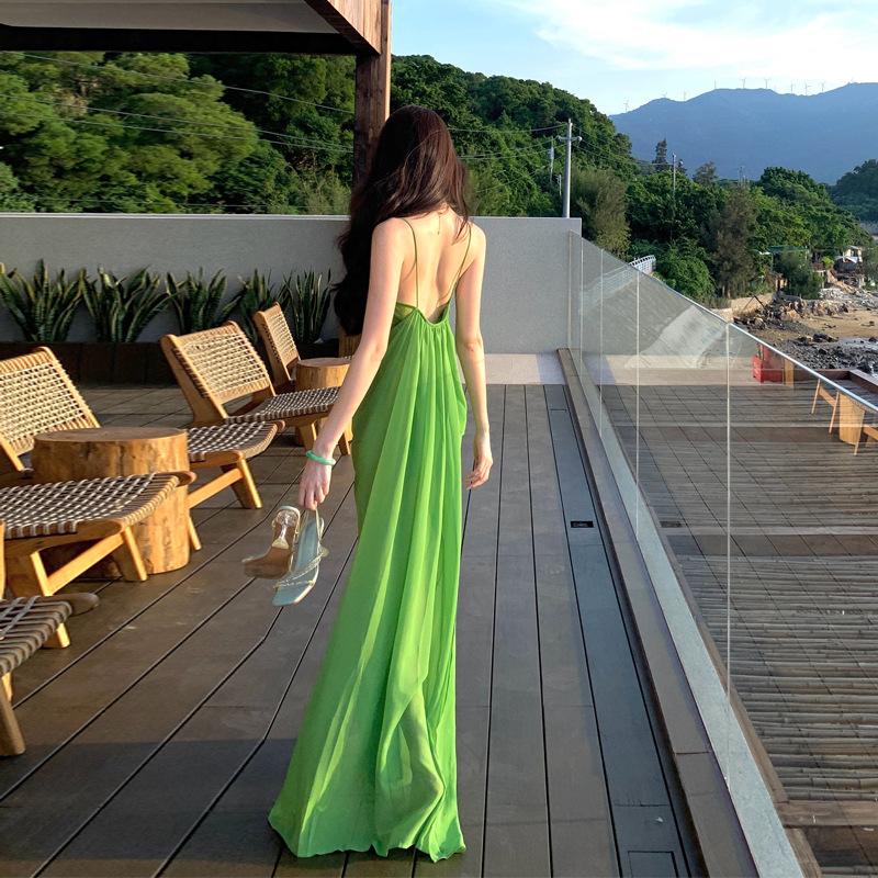 French Green Swinging Collar Suspender Dress Women's Summer Seaside Vacation Beautiful High-end Temperament Long Skirt