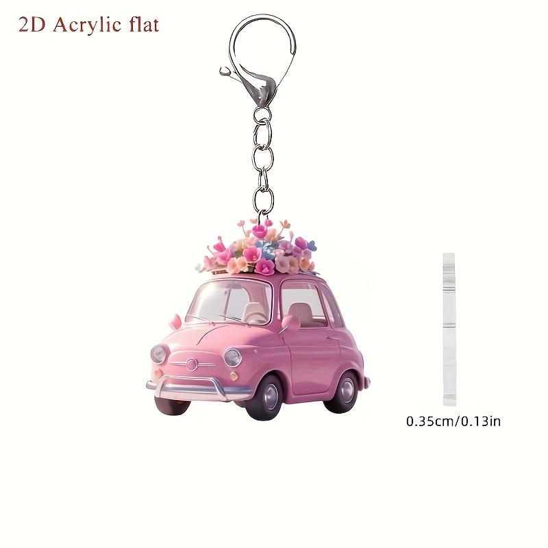 1pc, 2D Flat Fashion Pink Car with Flower Keychain for Backpack and Car Keys, Holiday Party Decorations, Perfect Gifts for Thanksgiving