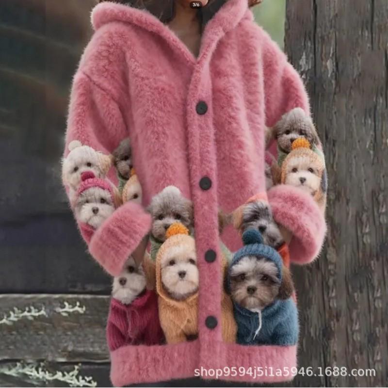 Womens 3D Cat Print Hooded Cardigan Sweater Coat Long Sleeve Thick Casual Outerwear