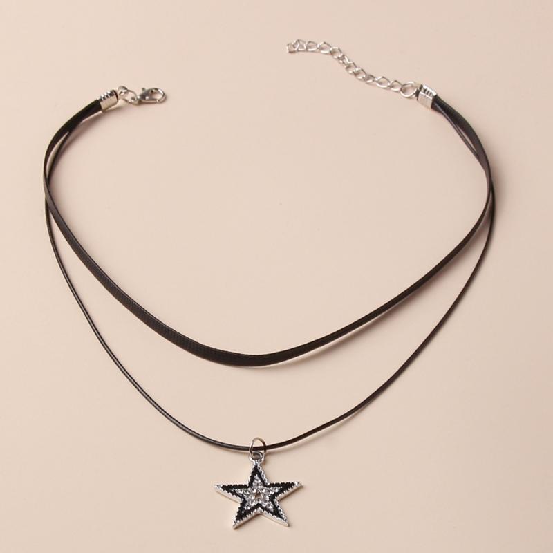 Niche Double Layer Leathers Rope Alloy Five-Pointed Star Necklace Female Hip-hop Cold Wind Long Sweater Neck Chain