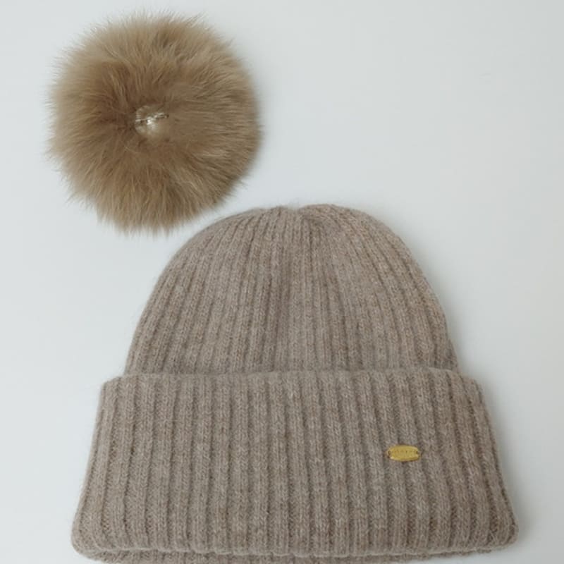 MAIA Fox Fur Pom Pom Beanie Hat - Brown