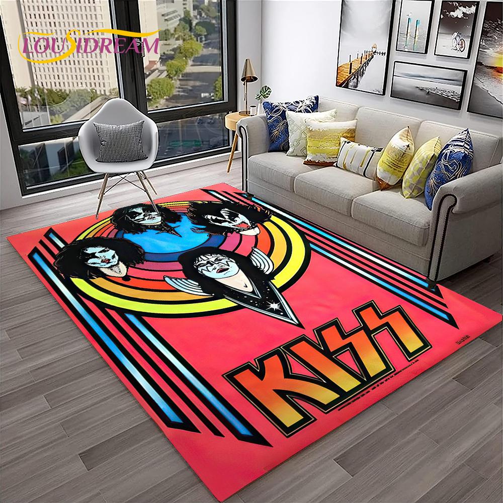 Retro Koberec KISS Rocková Kapela pro Domácí Obývací Pokoj Ložnici Hernu Pohovku Kuchyňskou Rohožku Dekor, Dětský Koberec Protiskluzová Podložka na Podlahu