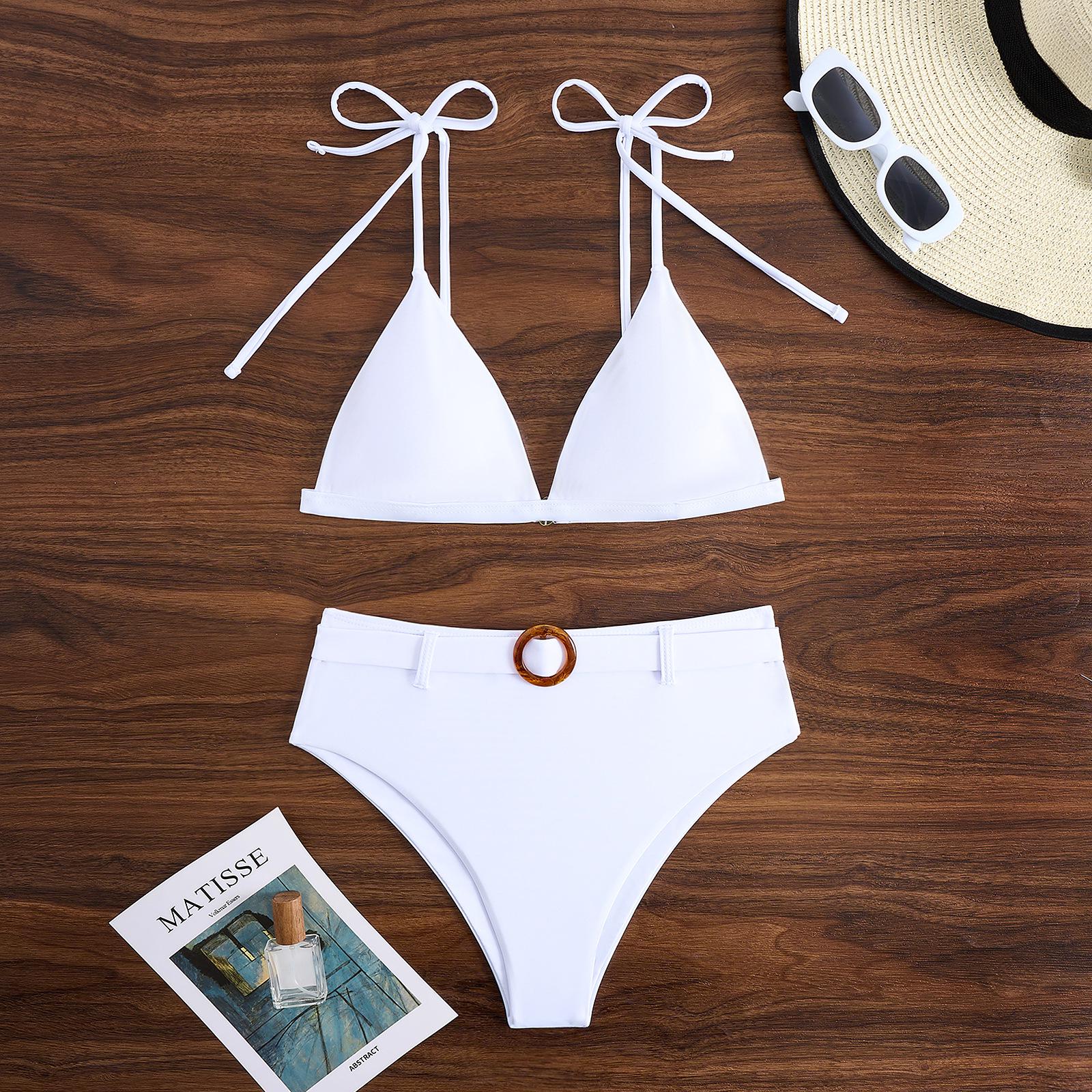 

2025 Европейский и Американский Стиль Однотонный Купальник Бикини с Низким Вырезом на Двойных Бретелях с Завышенной Талией XL белый