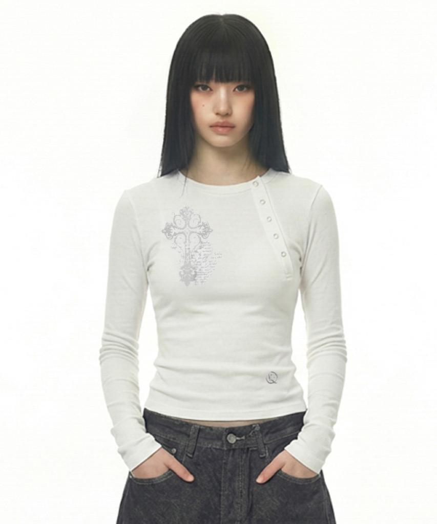 Damiswi Vintage Cross Asymmetric Button Long Sleeve_Ivory
