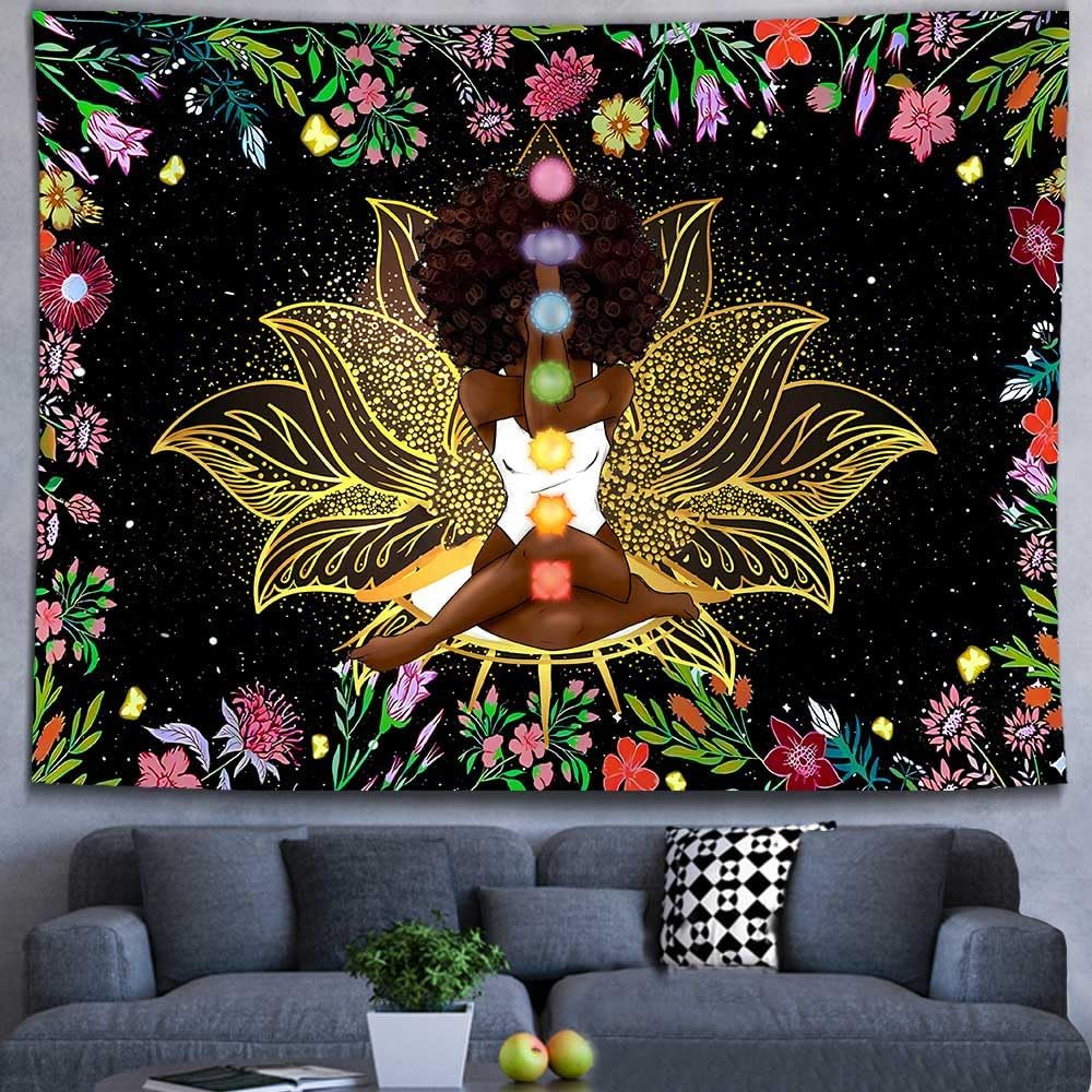Ine Ive African Chakra Tapestry African American Woman Zen Meditation Tapestries 80x60 Inch Starry Sky Flower Garden Inspirational Afro Yoga Wall Art