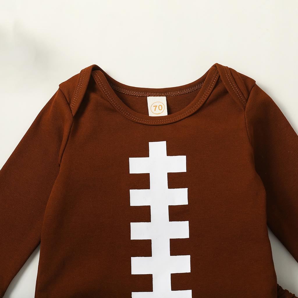 Baby Boy 3 Piece Outfit Football Print Long Sleeve Rompers and Elastic Striped Pants Beanie Hat Set Fall Spring Clothes