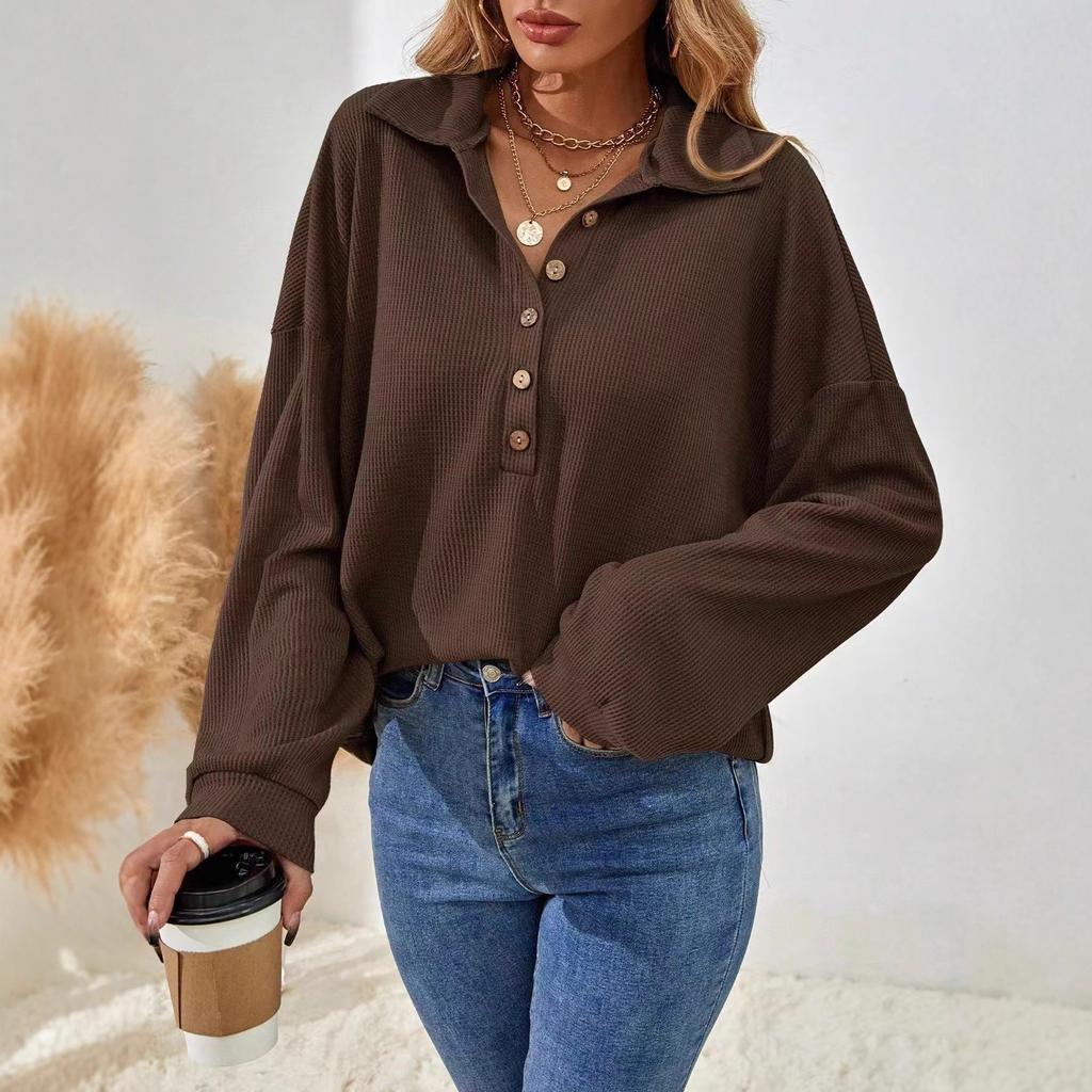 Neue Herbst- und Wintermode und elegantes einfarbiges Revers Langarm Damen Freizeitshirt