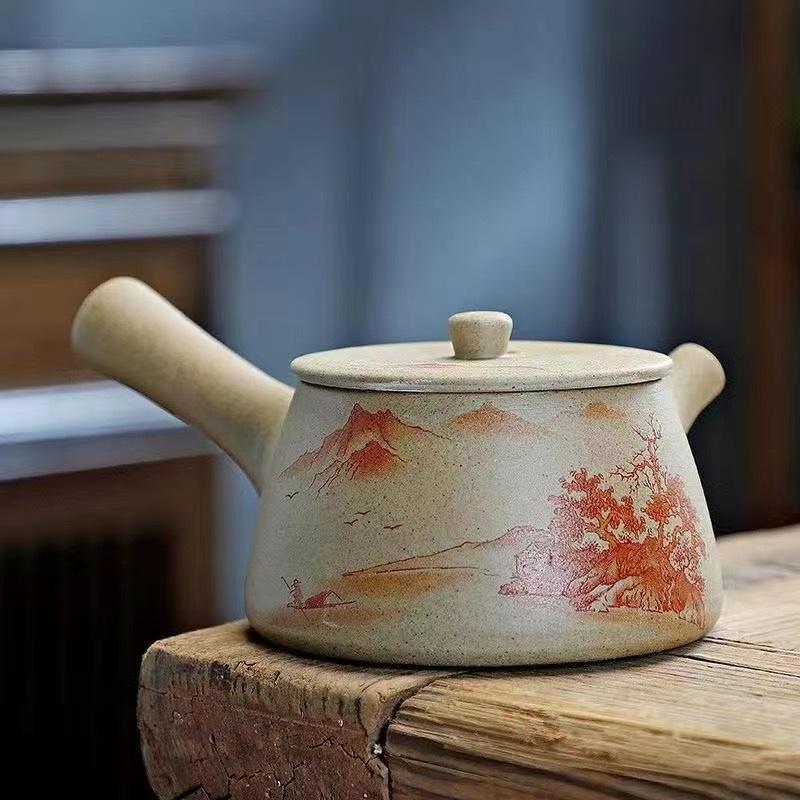 Vynikající keramická čajová konvice Čínská klasika hrubá keramika čajová konvice s uchem keramika rychlovarná konvice černá Zelená fialová hlína Surová ruda čajová souprava