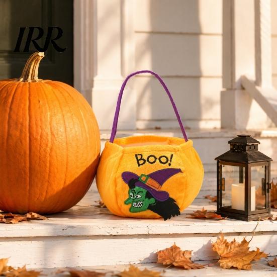 Large Capacity Candy Holder Halloween Trick or Treat Bucket, 9.8x5.9 Inch Pumpkin Witch Black Cat Plush Children's Tote Bag, Soft Basket with