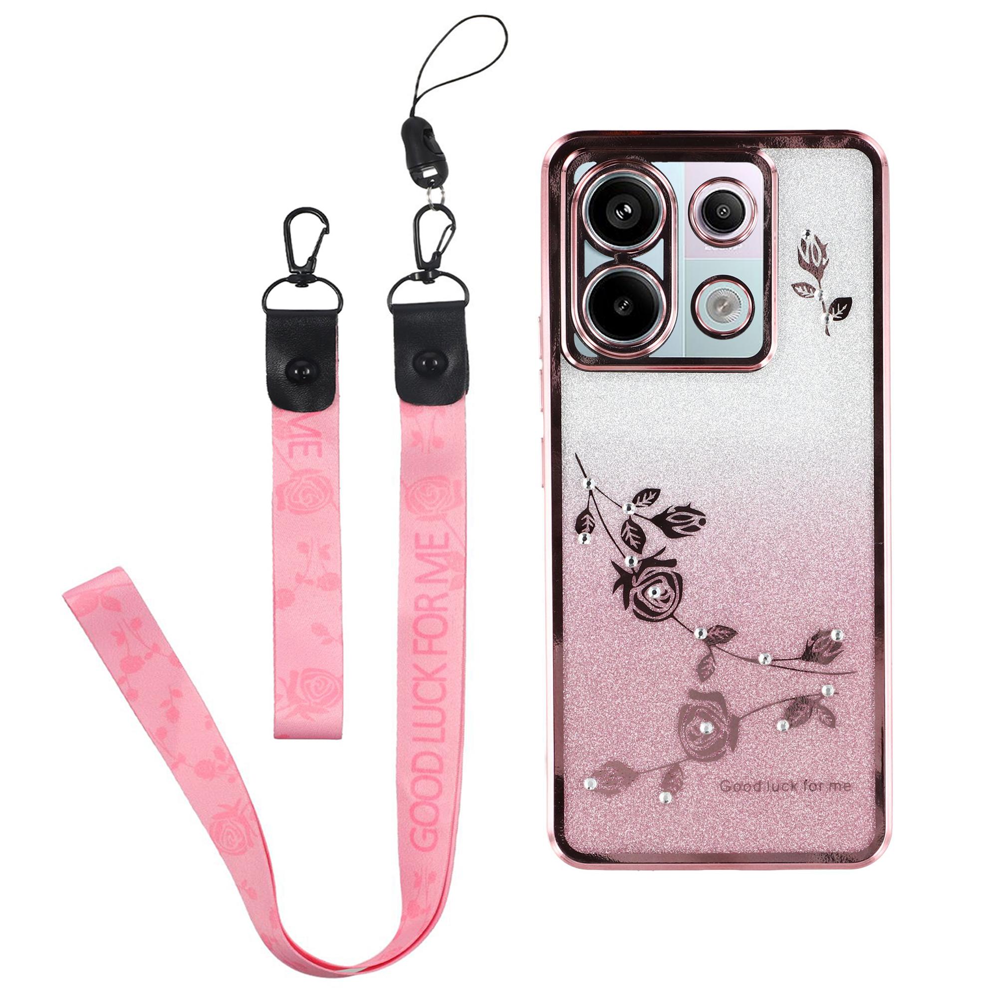 

KADEM For Xiaomi Redmi Note 13 Pro 5G/Poco X6 5G Case Flower Pattern TPU Cover with Lanyard Rose Gold