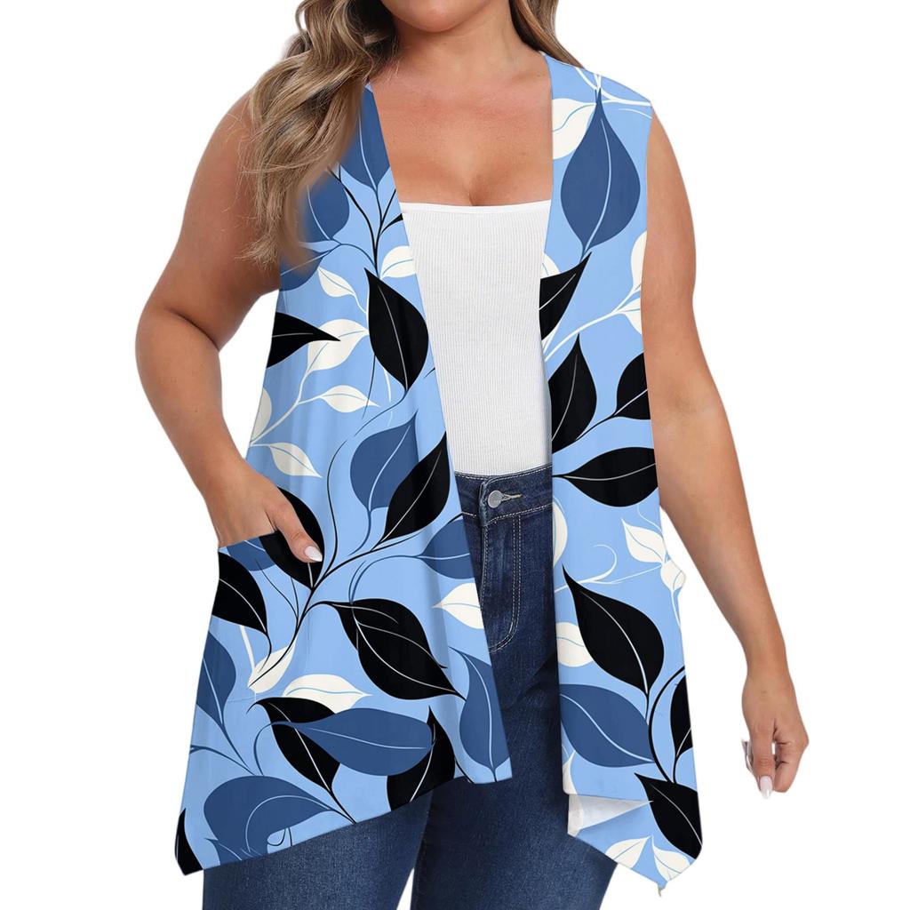 Women's Oversized Loose Casual Printed Sleeveless Vest With Pocket Cardigan Jacket Cardigan Jacket