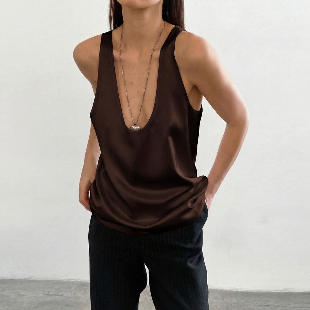 Women's Satin V-Neck Tank Top Sleeveless Silky Camisole Blouse