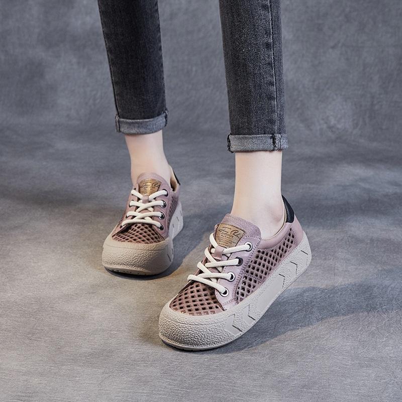 Fashion Fashion Women Flat Platform Shoes Summer Hollow Out Breathable Lace-Up Casual Sneakers Women Versatile Board Shoes Beige