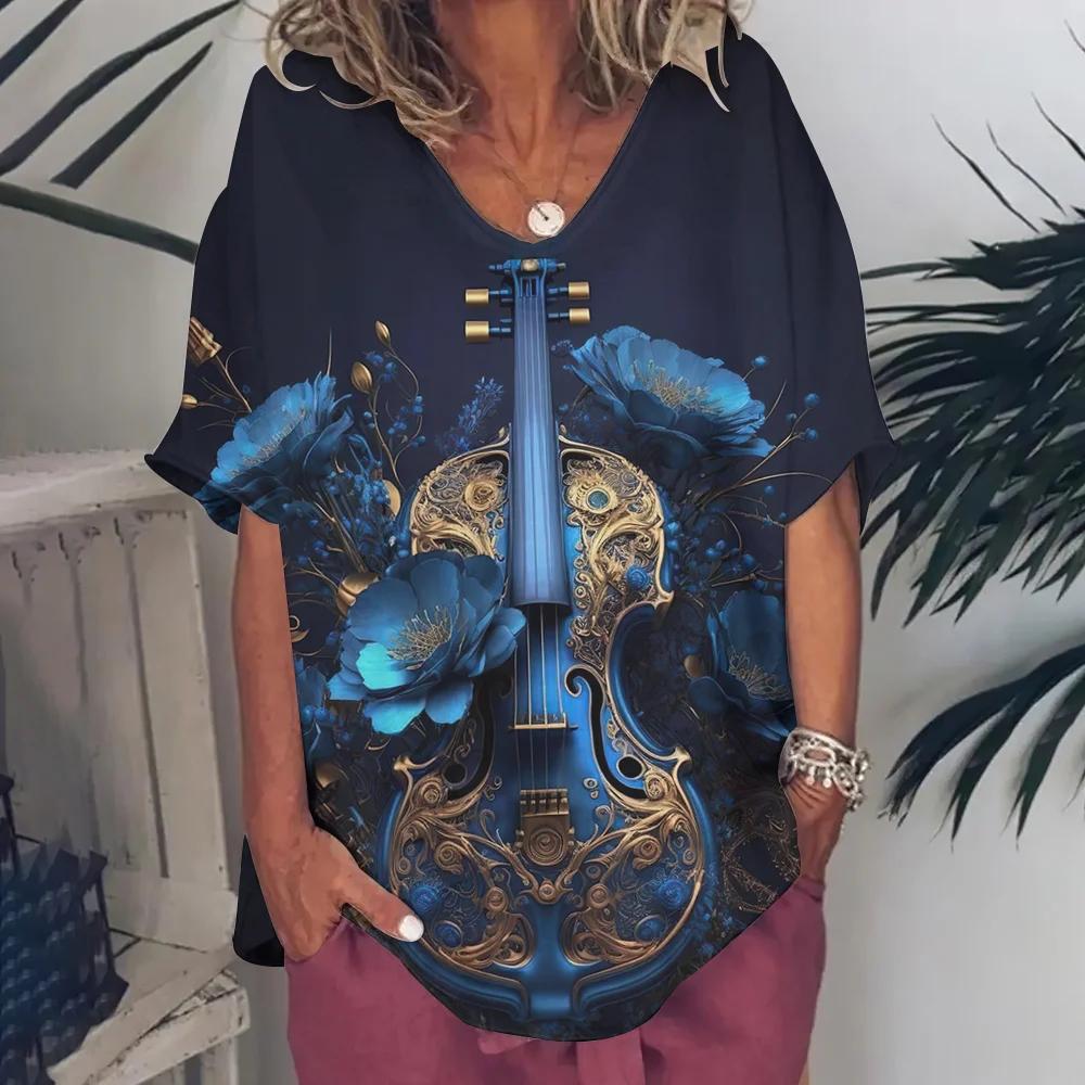 Ρούχα Γυναικεία με Λαιμόκοψη V Oversized Ρούχα Γυναικεία Κοντομάνικα Καλοκαίρι Ρετρό Μπλουζάκι Μόδες Βιολιά Μπλουζάκι με Εκτύπωση Streetwear