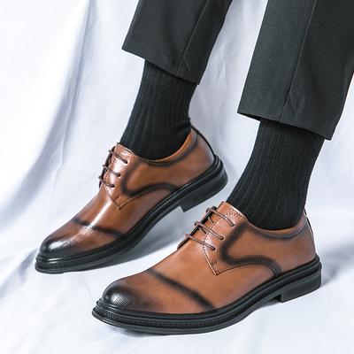 Fashion Brand Men's Pointed Block Comfortable Leather Shoes Spring Men's Brown Business Lace Up Formal Wedding Leather Shoes