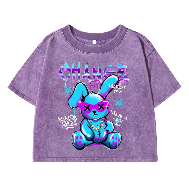 Trendy Rabbit Cartoons Print Women Washed Shrot Clothes Casual Tshirts Street Vintage Tee Tops Cool Distress T Shirts