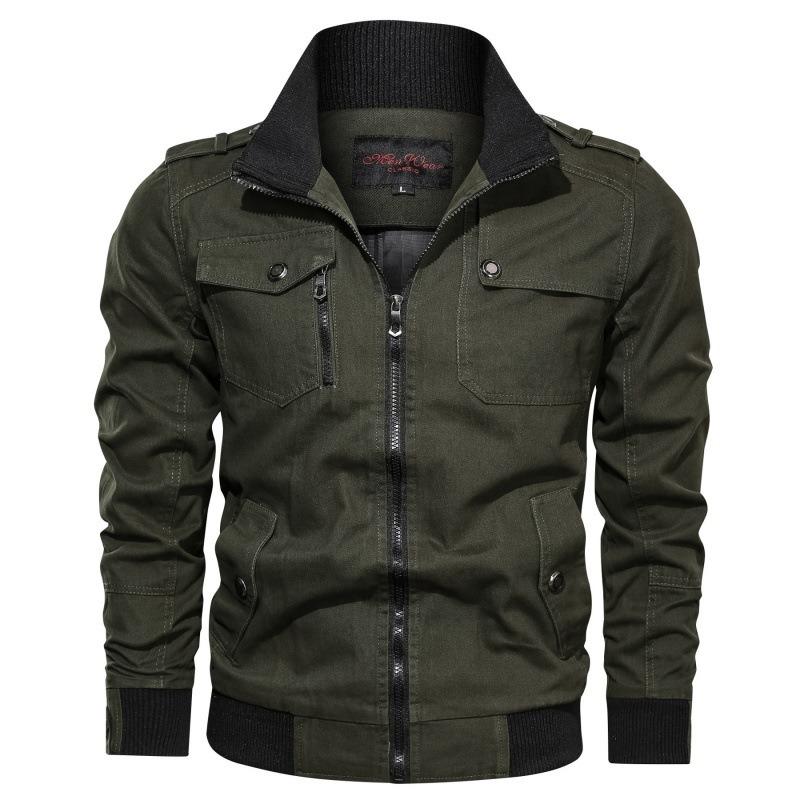 Casual solid color jacket zipper pocket stand-up collar large size coat men's pure cotton thin autumn top