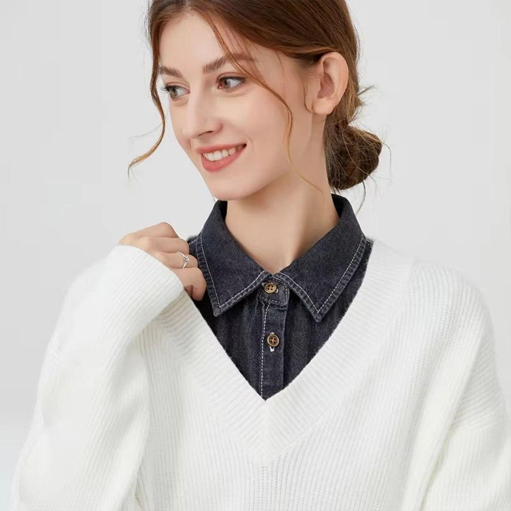 Lapel Buttons Women Fake Collar Cotton Detachable Collar Versatile Denim Fake Collar Women