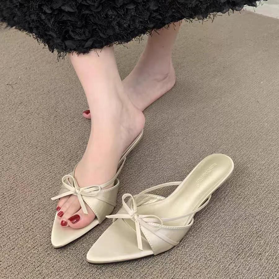 2025 summer new satin pointed head fish mouth high heels thin heel sexy word outside wear cool slippers half drag