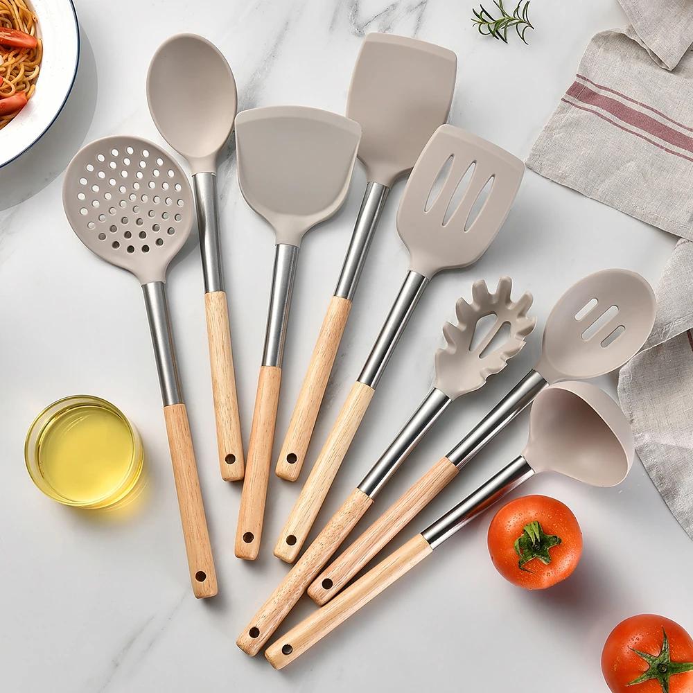Silicone Kitchen Utensils Spatula Shovel Soup Spoon Cooking Tool Non-Stick Wood Handle Kitchen Gadgets Beaters Kitchenware