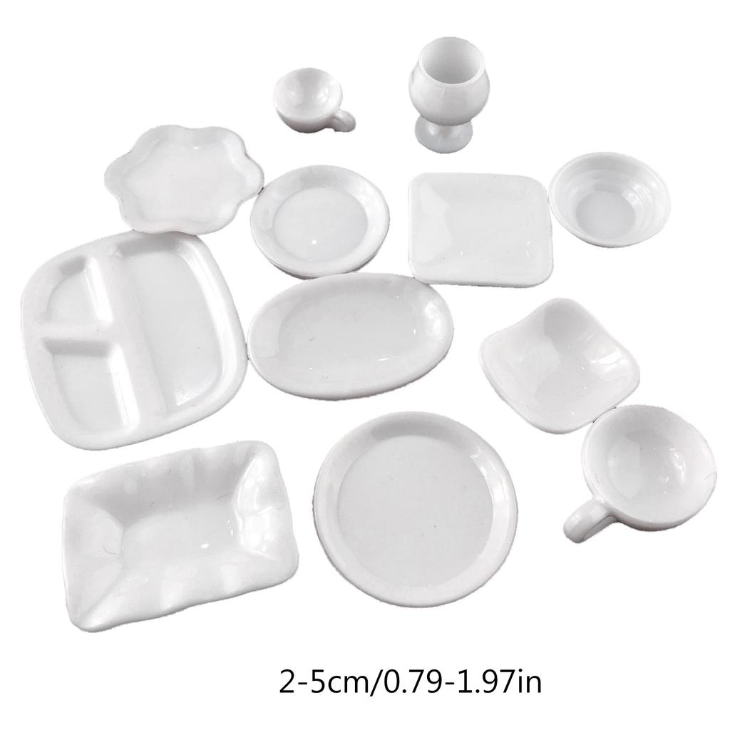 12PCS/Set Children Dollhouse Mini Kitchen Cookware Set Resin Trays Plates Bowls Cups Toddler Pretend Play Accessories